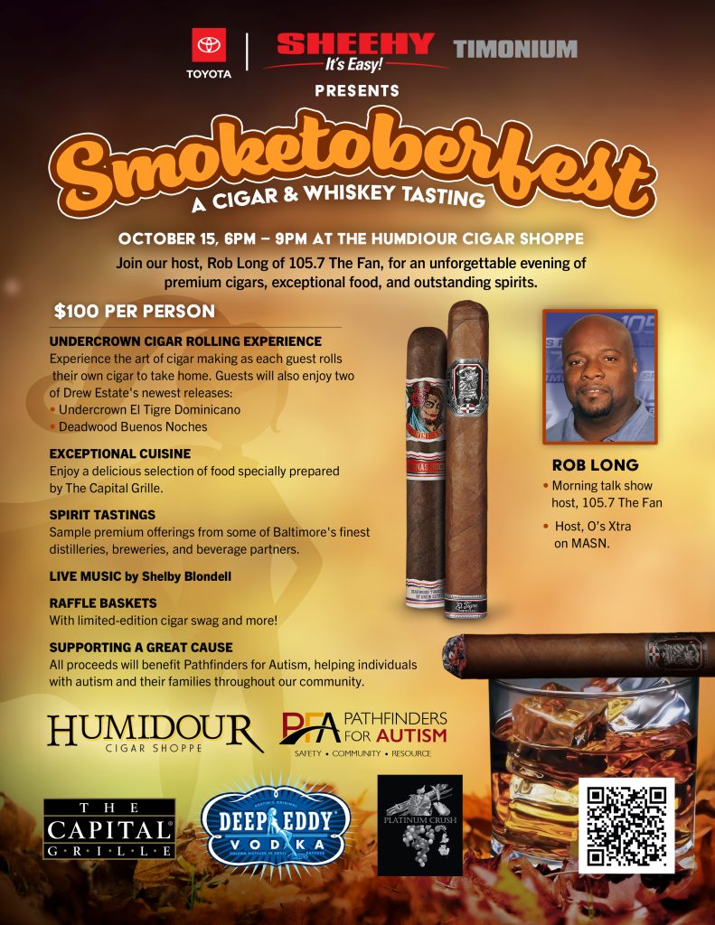 Smoketoberfest 2026 event flyer: an evening of cigars, whiskey, and BBQ benefiting Pathfinders for Autism. [Add date, time, and venue from flyer.]